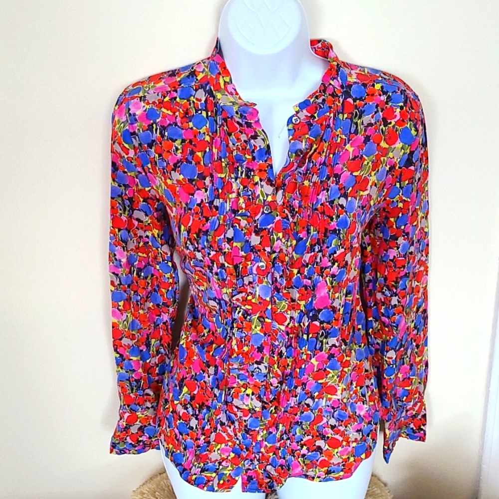 J.Crew silk floral pleated button down  top
